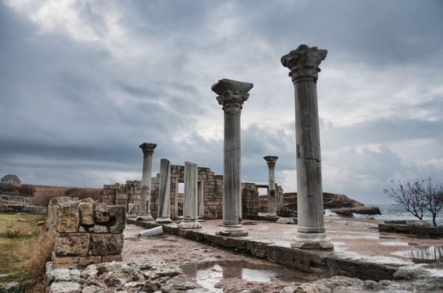 The ancient columns standing in the ruins of the Greek, Roman and Byzantine city of Chersonesos in the Crimea have been altered by nature and man.